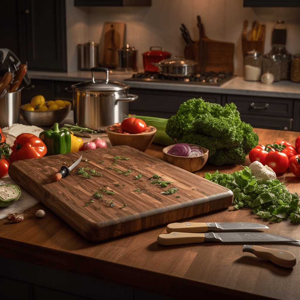 Thick butcher-block board with herbs